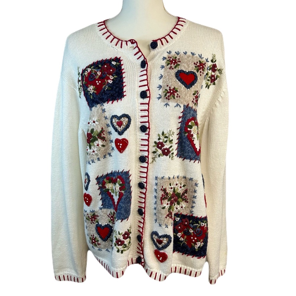 Vtg Heirloom Collectibles Cardigan Sweater L Patchwork Hearts‎ Beaded Embroidery